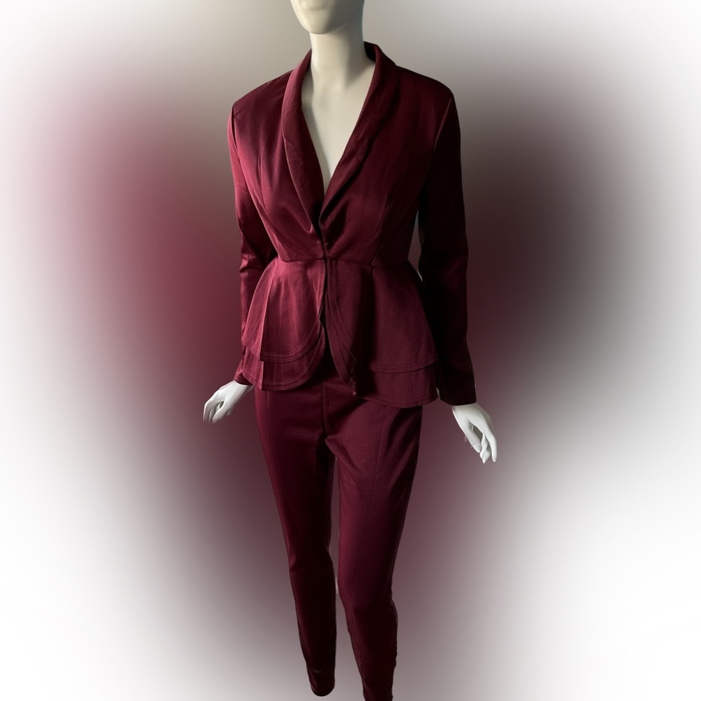 Burgundy Peplum Blazer‎ and Slim Fit Trousers Pant Suit Set 2 Piece Maroon